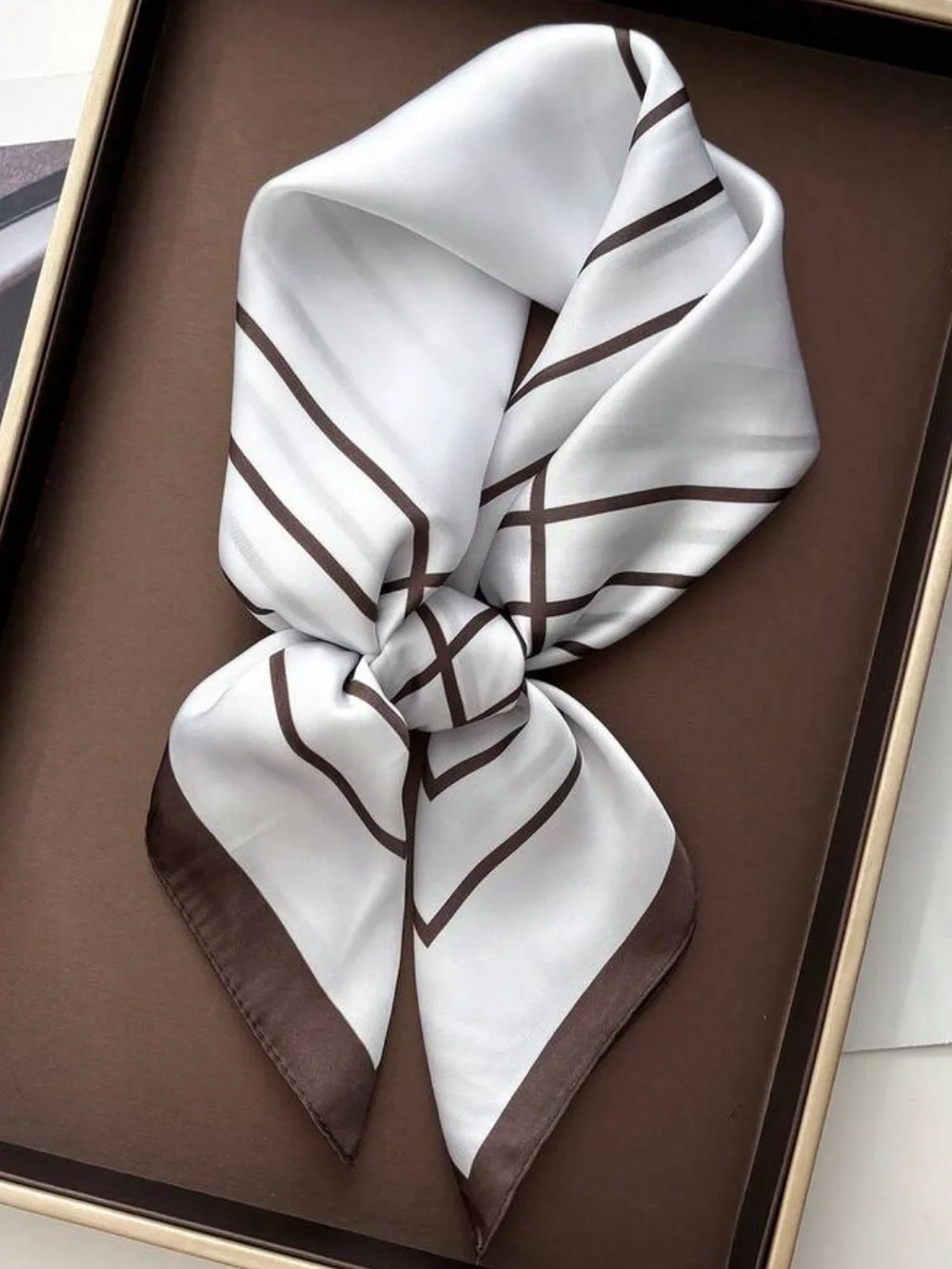 White with Brown Stripes Neck Scarf | 27.5”